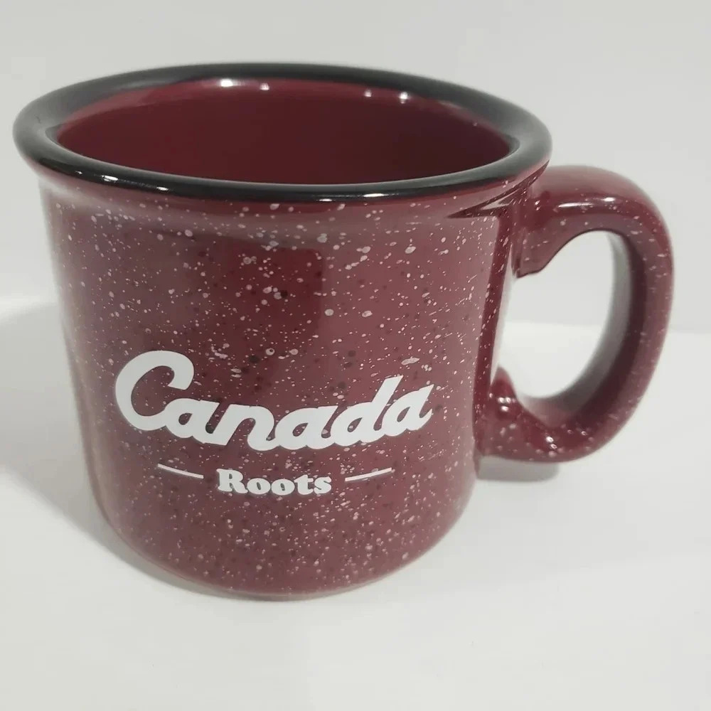 Roots  Canada Burgundy/Black Ceramic Mug 3.5"Tall 4"Round.